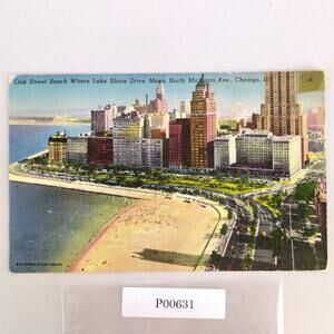 Oak Street Beach Michigan Ave Chicago Illinois 1940s Linen Postcard IL PC 1949